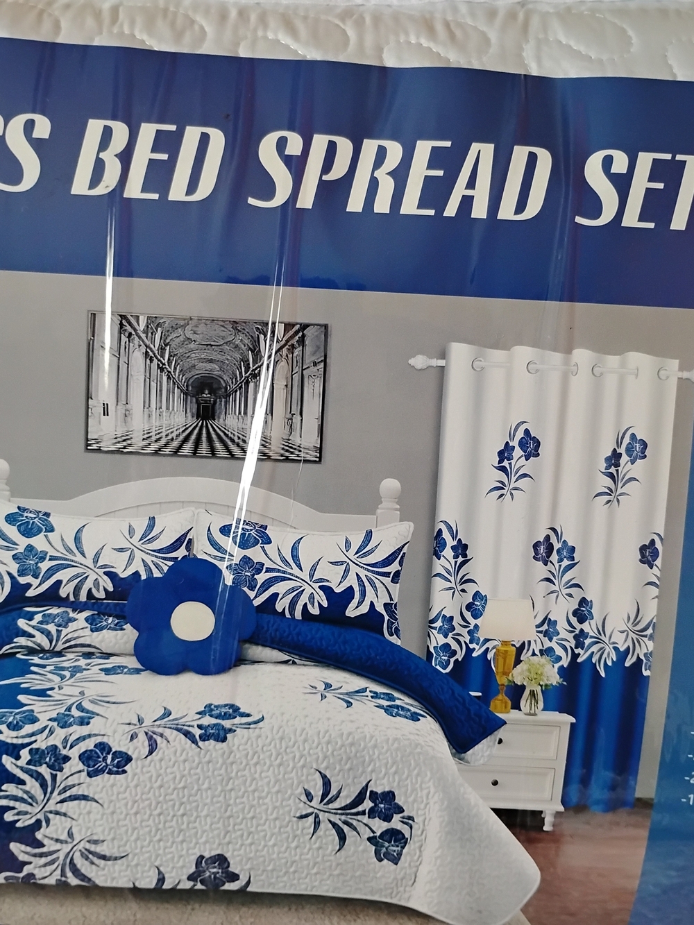 Blue Floral Quilted Bedspread Set by